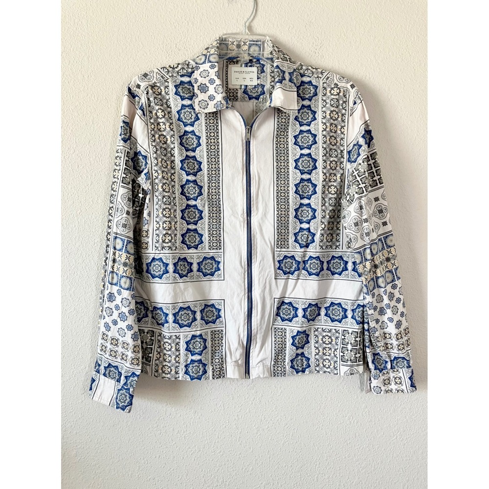 DENIM & FLOWER Patchwork Zip Up Jacket L Boho Coastal Festival Euro Blue White